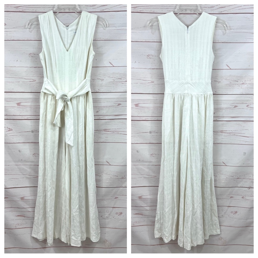 Calvin Klein White Textured Windowpane Check Sleeveless Flowy Wide Leg Jumpsuit